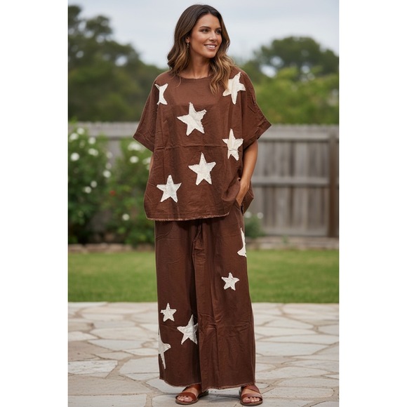 Blue Velvet Chocolate White Star Tunic Top Wide Leg Pants Set Women's Size S - Picture 4 of 8